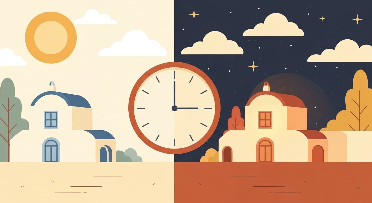 Διζωνικό τιμολόγιο — μέρα/νύχτα split scene με clock