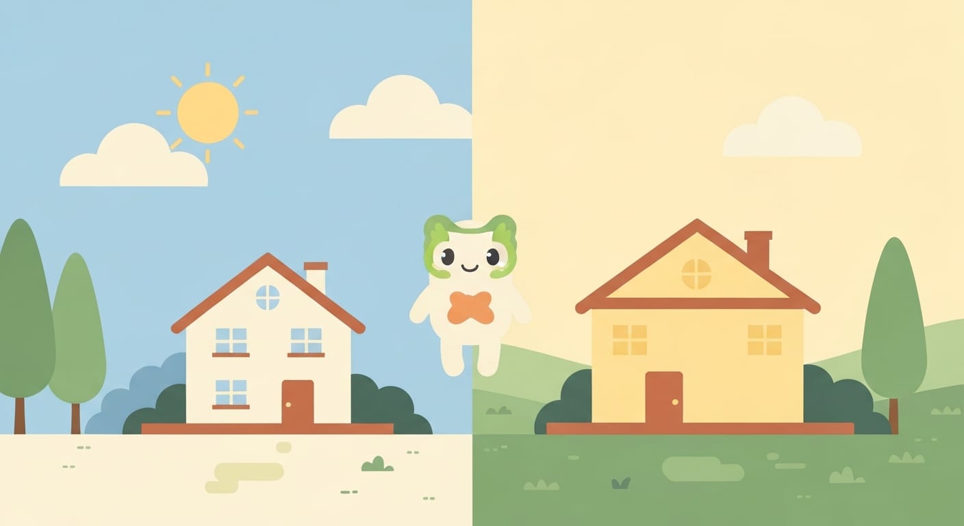 Πράσινο vs Μπλε τιμολόγιο ρεύματος — σπίτι σε split-screen illustration